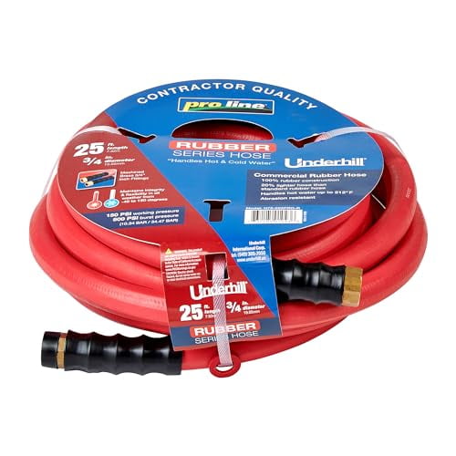 Underhill Proline Rubber Series Heavy-Duty Garden Hose for Hot or Cold Water, Lightweight, 500 PSI BP, 150 PSI WP, H75-025PRO-R 3/4 Inch x 25 ft Red