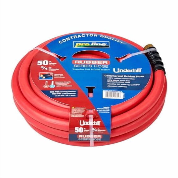 Underhill Proline Rubber Series Heavy-Duty Garden Hose for Hot or Cold Water, Lightweight, 500 PSI BP, 150 PSI WP, H75-050PRO-R 3/4 Inch x 50 ft Red
