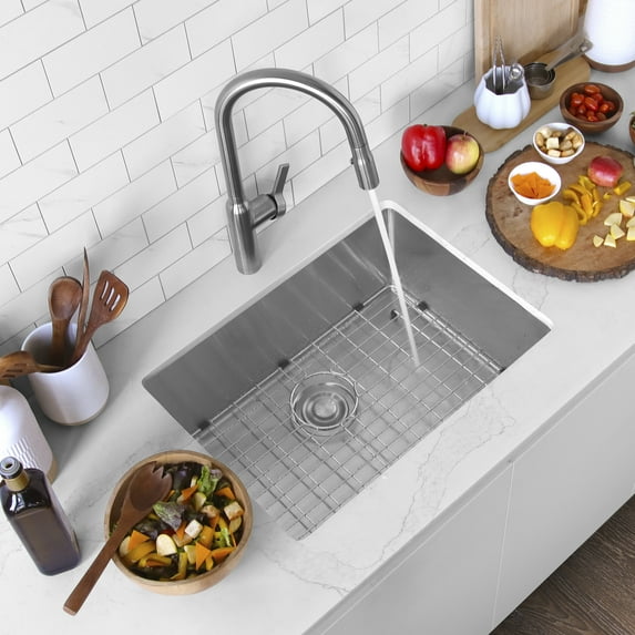 Stylish Undermount 25" Stainless Steel 16G Single Bowl Kitchen Sink with Grid & Strainer S-312XG