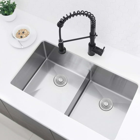 Stylish Undermount 32" Stainless Steel Low Divider 50/50 Double Bowl Kitchen Sink with 4 accs S-321XG