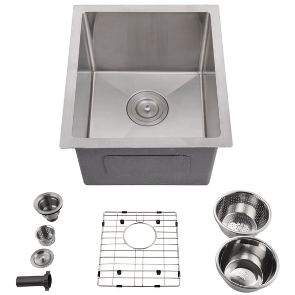 Undermount Kitchen Basin, Stainless Steel Single Bowl Workstation, Easy Drain, with Drying Rack, Basket Strainer, Bar & Prep Kitchen Sink, 15"x17"x10”