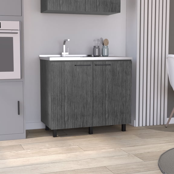 Undermount Kitchen Sink, 2 Freestanding Utility Base Cabinet with Stainless Steel Countertop and 2-Door, Smokey Oak, Oak Stainless Steel Kitchen Sink,Particle Board Farmhouse Kitchen Sink