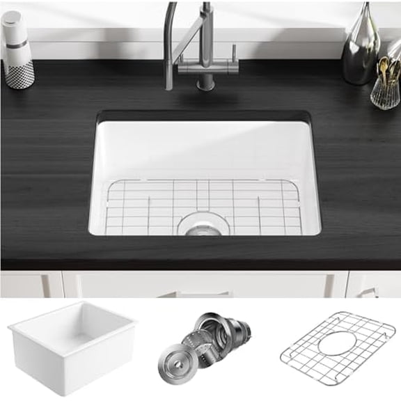 Undermount Kitchen Sink, 24" L x 18" W Undermount Kitchen Sink White Ceramic Sink Deep Single Bowl with Bottom Grid and Strainer Drain$$Tools & Hardware Other