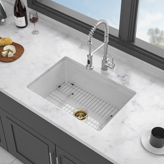 Undermount Kitchen Sink, 27"x19"x10" Undermount Single Bowl Fireclay Kitchen Sink - Dual Mount White Porcelain Fireclay Rectangular Deep Single Bowl Sink Basin, White Stainless Steel Kitchen Sink