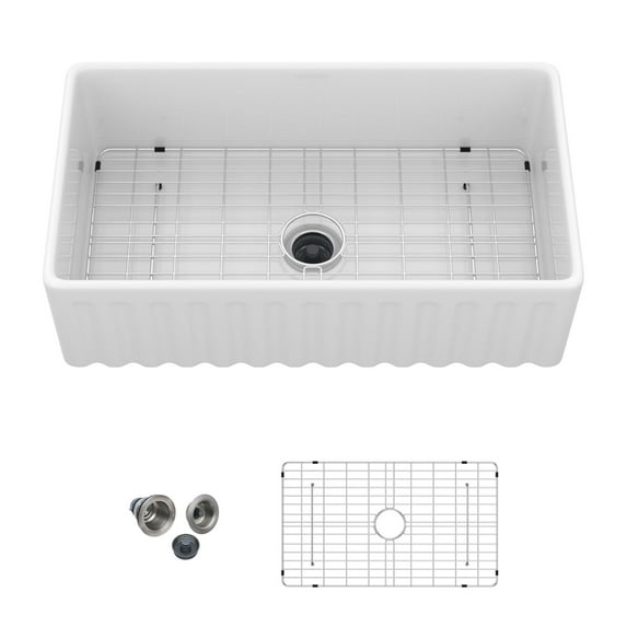 Undermount Kitchen Sink, 33" White Farmhouse Sink - 33 x 18 x 10 inch Kitchen Sink Apron-front White Porcelain Ceramic Reversible Single Bowl Kitchen Farm Sinks, White Stainless Steel Kitchen Sink