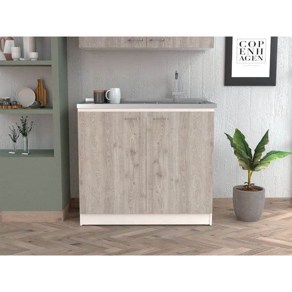 Undermount Kitchen Sink, Napoles Utility Sink with Cabinet One Shelf, Double Door Cabinet -Smokey Oak / Light Gray, Multicolor Stainless Steel Kitchen Sink,Particle Board Farmhouse Kitchen Sink