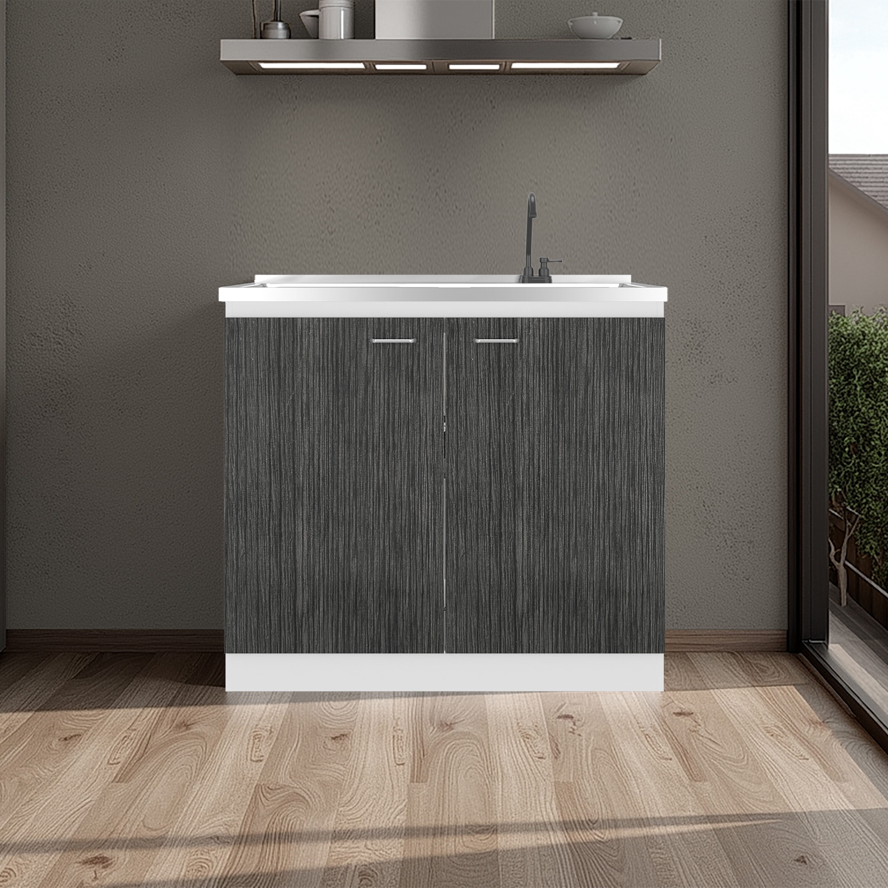 Undermount Kitchen Sink, Napoles Utility Sink with Faucet Inclued and Integrated Stainless Steel Counter top, Freestanding cabinet with two doors, Metal Handles and Two interior shelves, Gray+White