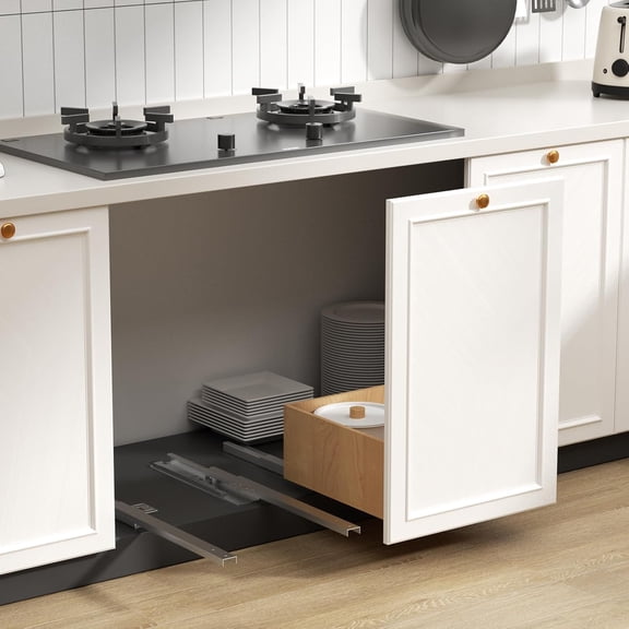 Undermount Shelf Drawer Slide Soft Close Bottom Support Under Mount Pull Out Drawer Track Full Extension Slide Out Drawer Glide Shelf Bracket for Kitchen Cabinet Trash Can Without Side Panel