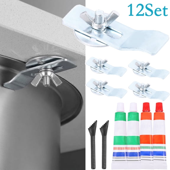12 Pack Undermount Sink Clips with Epoxy Glue, Heavy Duty Stainless Steel Undermount Sink Mounting Brackets, No Drilling Sink Support Kit for Kitchen & Bathroom Vanity Countertop