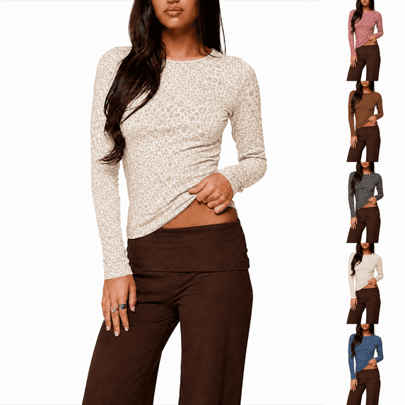 Long Sleeve Women Comfy Tops Leopard Print Shirts Womens Casual Crew Neck Shirt Trendy Cheetah Print Slim Blouse Fall Winter Soft For Daily Wear