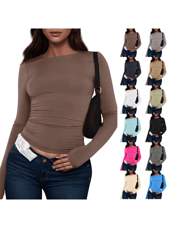 Long Sleeve Women Slim Fit Crop Tops Crewneck Shirt Y2K Casual Basic Solid Color Going Out Tight Tee Brown S