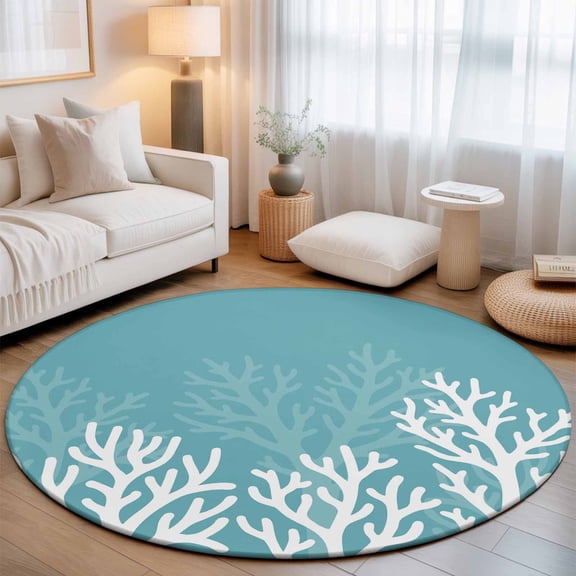 Undersea Marine Coral Teal White Round Rug 5ft Ocean Life Silhouette Washable Area Rugs for Living Room Bedroom Entryway Non Slip Entrance Door Mat Indoor Floor Carpet
