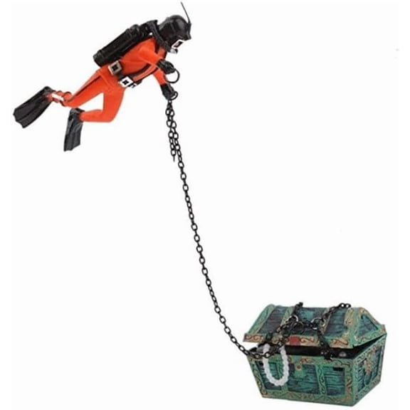 Undersea Treasure Chest Diver Aquarium Ornament, Moving Fish Tank Decoration with Floating Action, Resin Artificial Cave Decor for Freshwater Saltwater Tanks