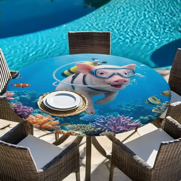Undersea World Funny Diving Pig Round Fitted Tablecloth with Elastic Edge,Waterproof Table Cloth Fits Tables Up to 36"-44",Washable Table Cover for Indoor Outdoor Dinning,Summer Marine Coral Fish