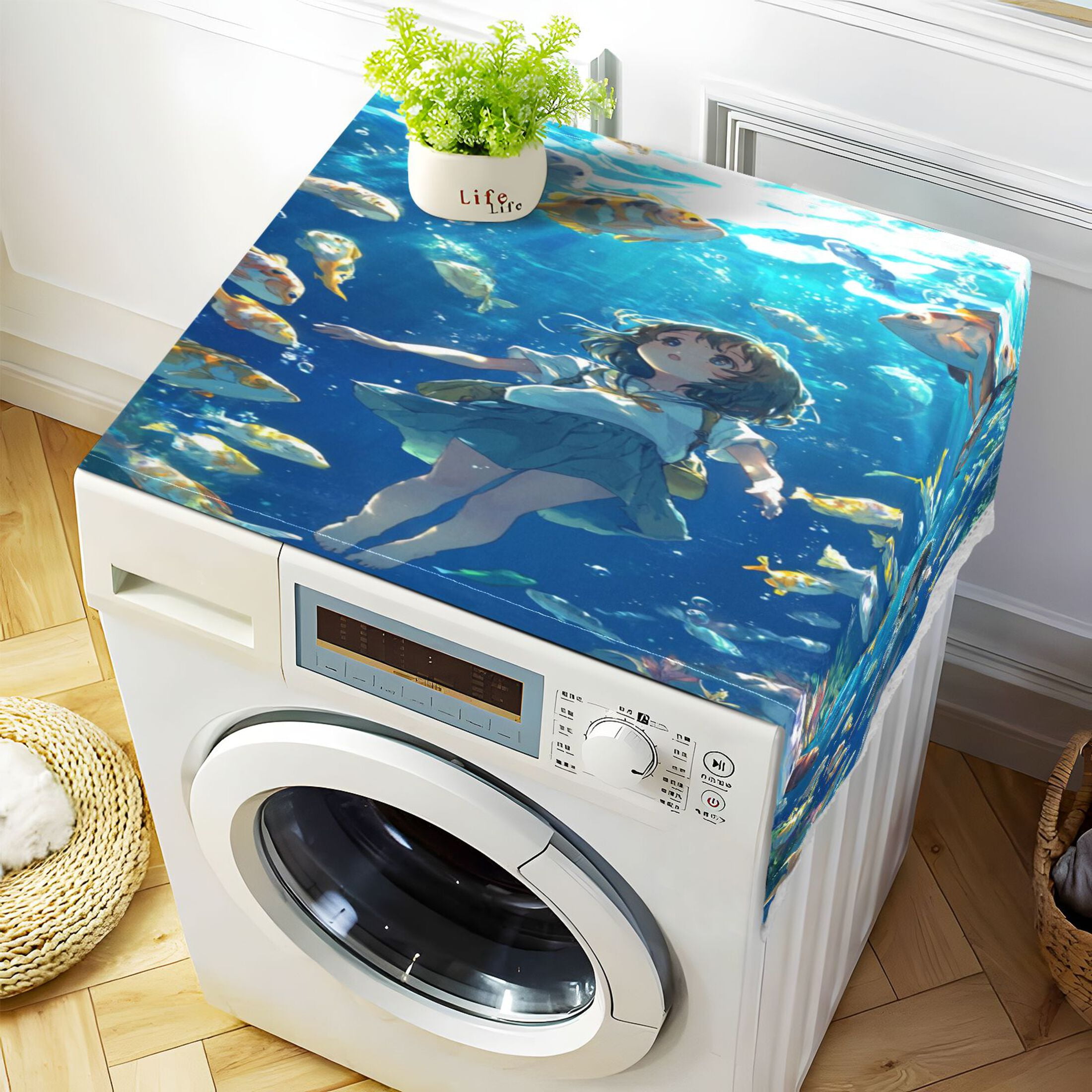 An Undersea World GirlWasher and Dryer Covers Dust-Proof and Oil Resistant Fridge Cover with 4 Storage Pockets Washing Machine Top Cover for Laundry Kitchen Home 51.2 x 22 In