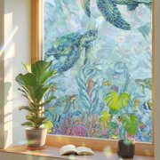 Undersea World Ocean Turtle Coral Window Privacy Film, Rainbow Film Decorative Window Sticker 17.7x39.3in, Marine Life Seaweed Fish Sun Blocking Static Stained Glass Cling Tint Non-Adhesive