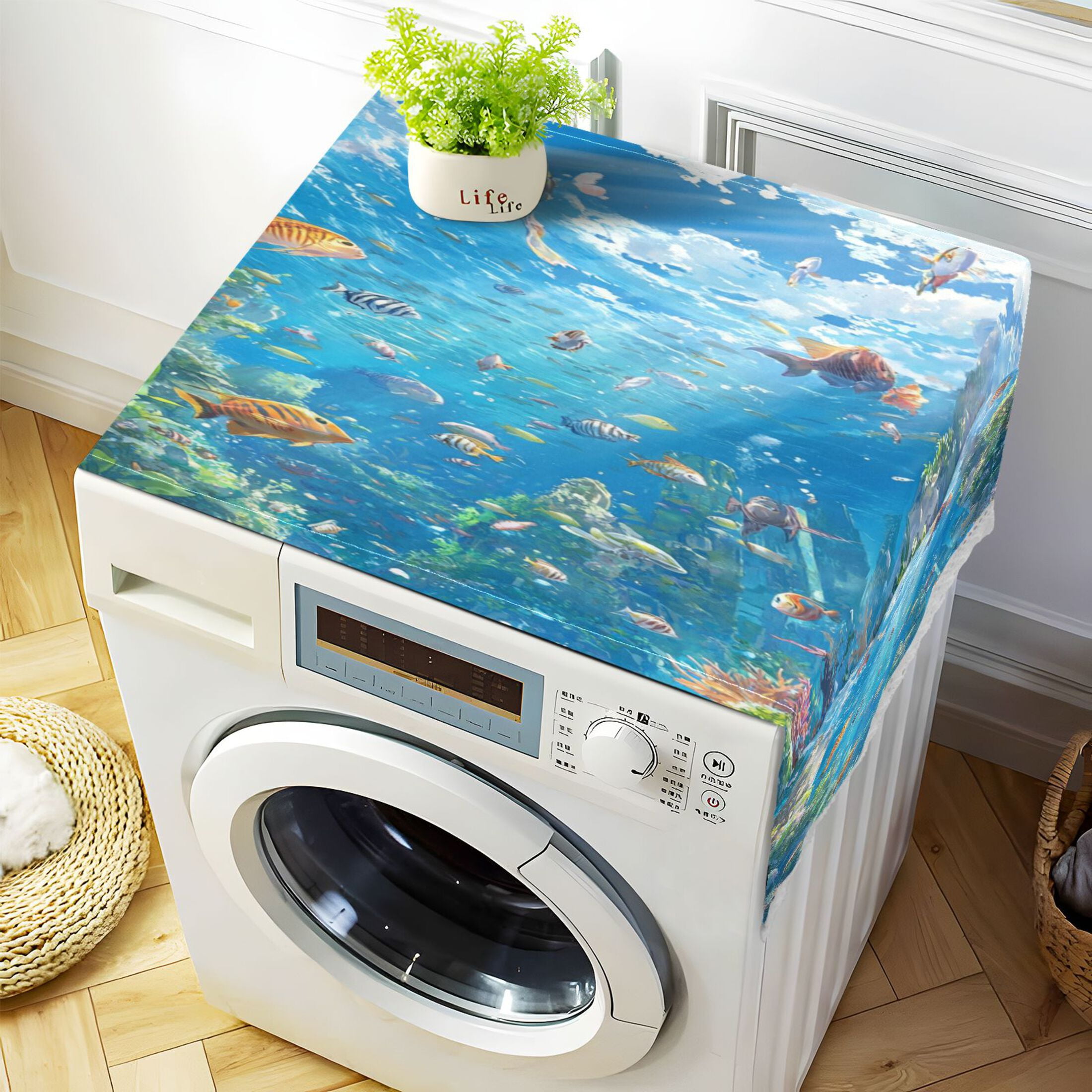 Undersea WorldWasher and Dryer Covers Dust-Proof and Oil Resistant Fridge Cover with 4 Storage Pockets Washing Machine Top Cover for Laundry Kitchen Home 51.2 x 22 In