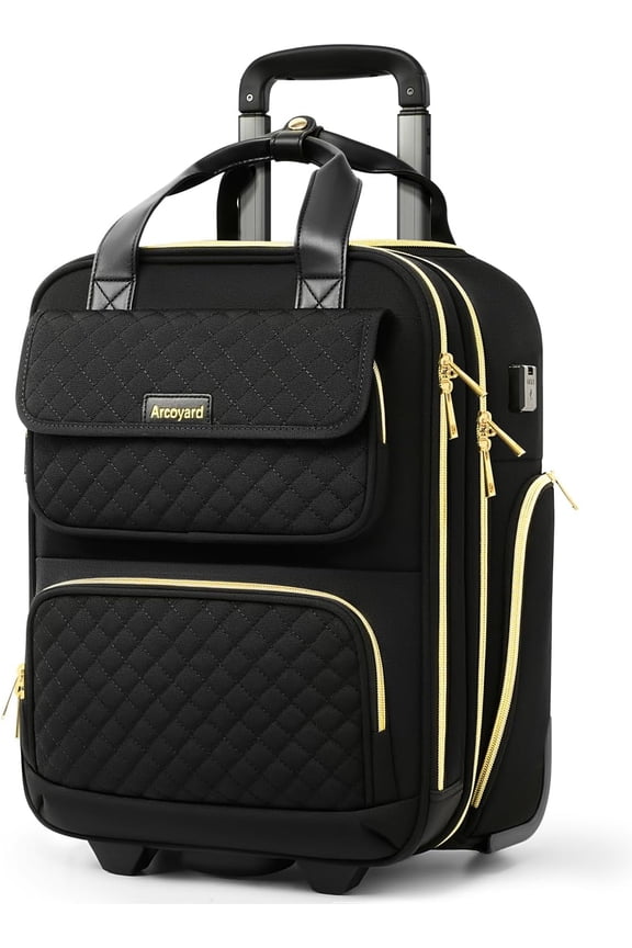 Underseat Carry On Luggage with Wheels, Airline Approved Personal Item Bag, 17-Inch Multi-functional Rolling Bag, Lightweight Overnight Suitcase for Women, Bussiness, Travel, Black