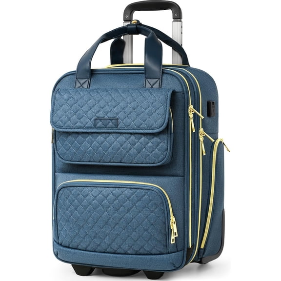 Underseat Carry Luggage with Wheels, Airline Approved Personal Item Luggage, 16-Inch Multi-functional Underseat Luggage, Lightweight Overnight Suitcase for Women, Bussiness, Travel, Blue