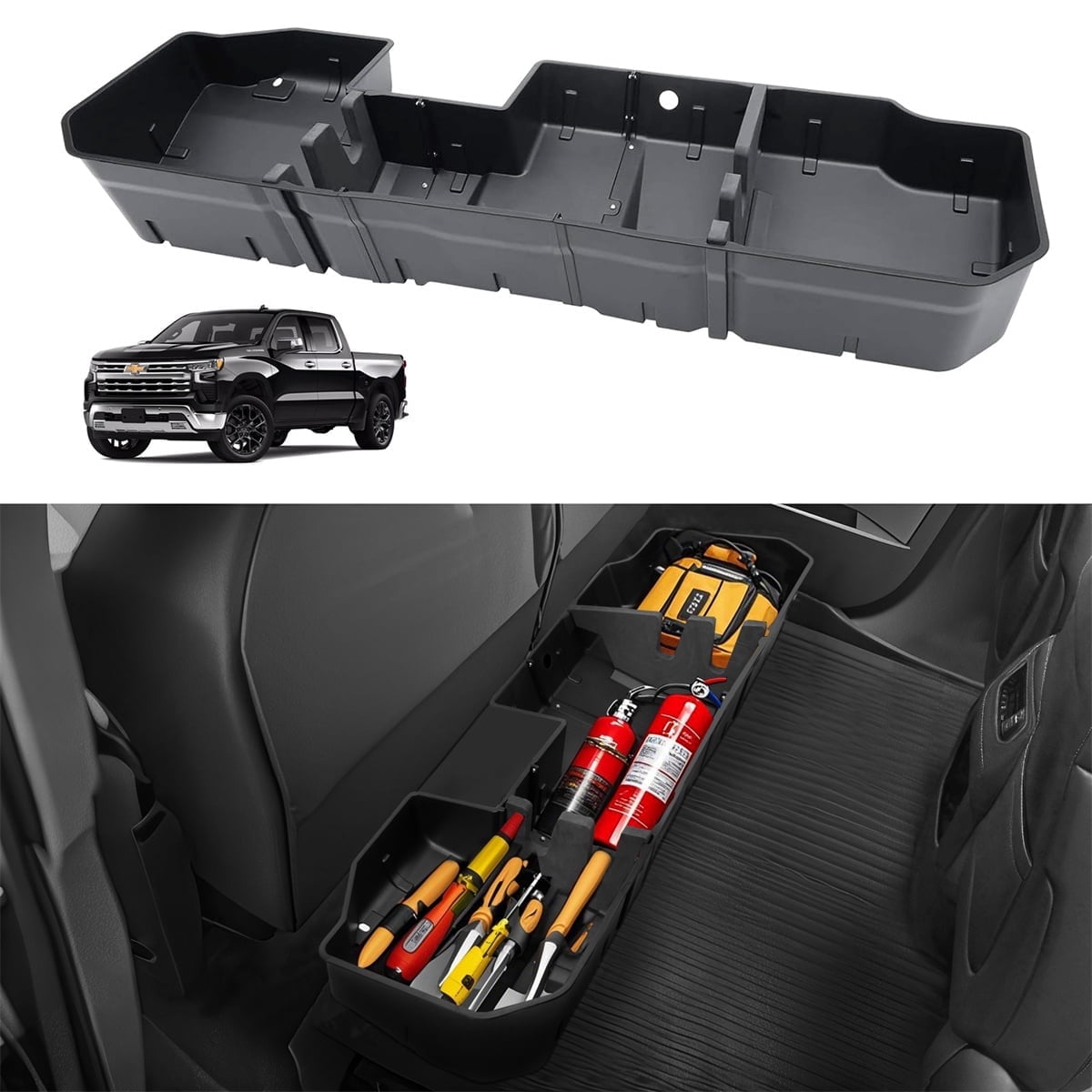Underseat Storage Box Compatible with 2020-2024 2500HD/3500HD Crew Cab, 2019-2024 Chevrolet/GMC Silverado/Sierra 1500, Black Rear Under Seat Extra Cargo Store