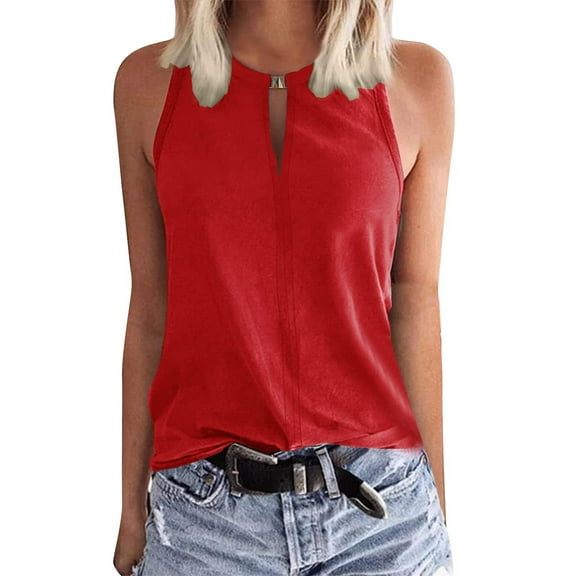 Undershirt For Women, Summer Fashion Casual Round Neck Loose Casual Solid Color Sleeveless T Shirt For Women Red