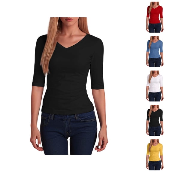 Undershirts for Women Half Sleeve V Neck Slim Fit Plain T Shirts Spring Summer Basic Tops