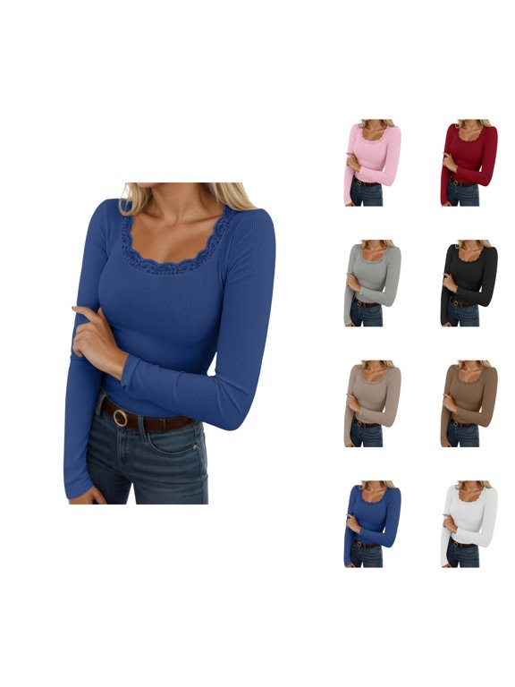 Undershirts for Women Long Sleeve Lace Square Neck Ribbed Stretch Basic Shirt Spring Blouse