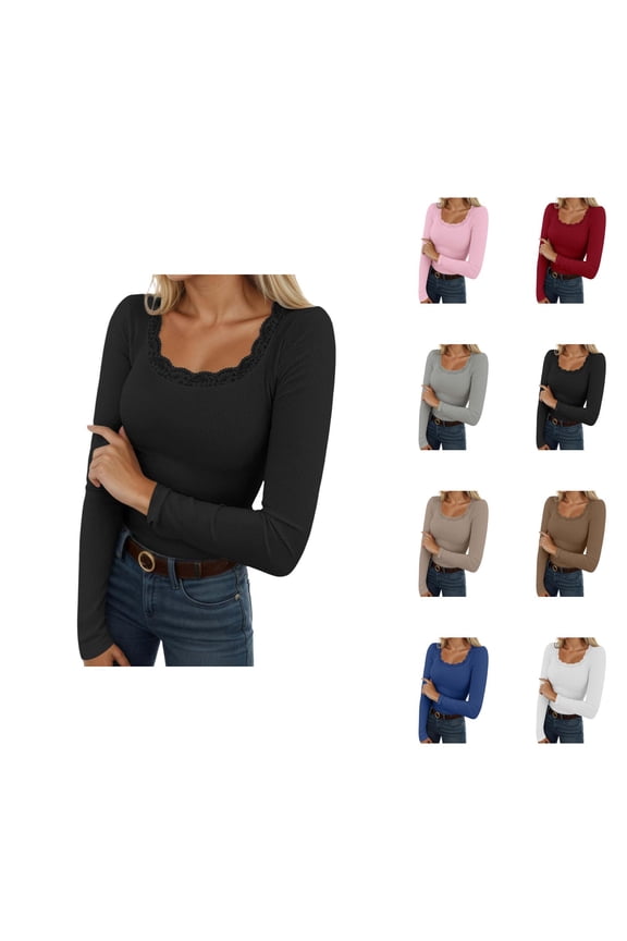 Undershirts for Women Long Sleeve Lace Square Neck Ribbed Stretch Basic Shirt Spring Blouse
