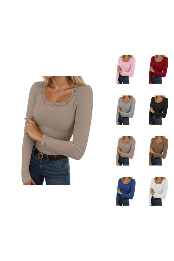 Undershirts for Women Long Sleeve Lace Square Neck Ribbed Stretch Basic Shirt Spring Blouse