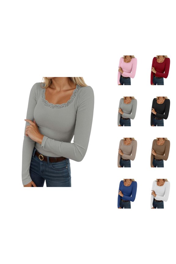 Undershirts for Women Long Sleeve Lace Square Neck Ribbed Stretch Basic Shirt Spring Blouse