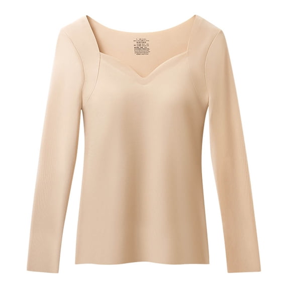 Undershirts for Women Winter Thermal Fleece Lined Underwear with Chest Pad Long Sleeve V Neck Seamless Warm Tops New Beige XL