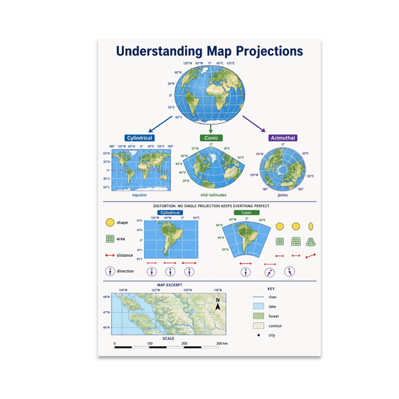 Understanding Map Projections Educational Reference - Geography Teacher - 13x19 Poster Print