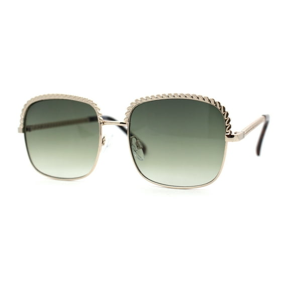Understated Rectangle Chain Jewel Brow Trim Fashion Sunglasses Gold Green