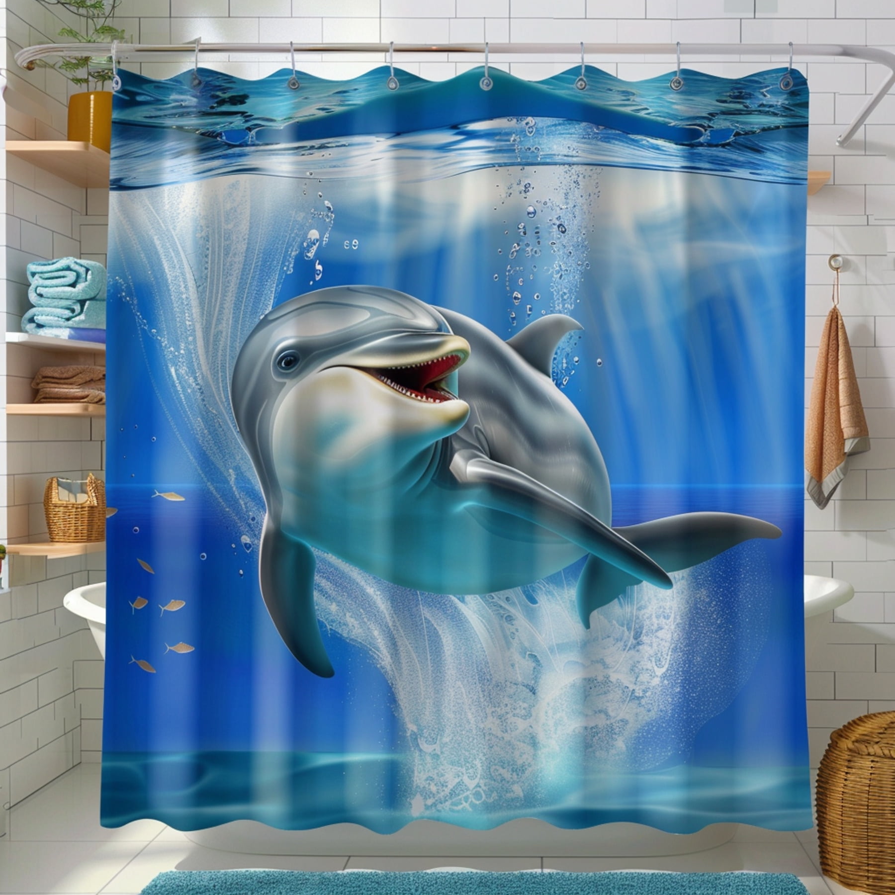 Underwater Adventure Dolphin Shower Curtain Kids Bathroom Decor Hyper Realistic Clear Water