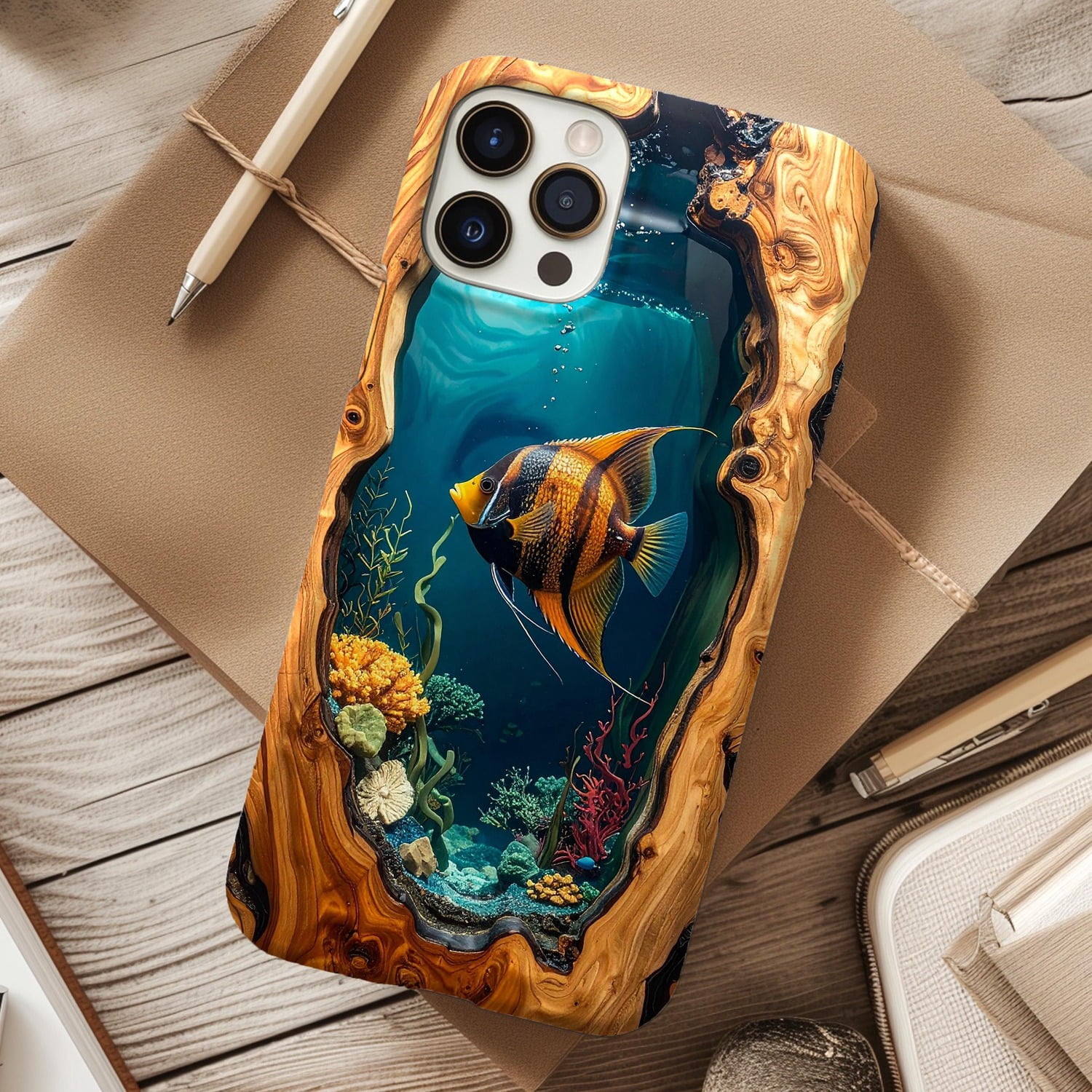 Underwater Angelfish, Coral and Wood Grain Tough Case for Apple iPhone ...