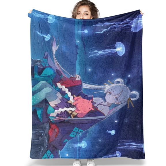 Underwater Anime Girl With Jellyfish & Pink Creature Soft Flannel Blanket - Cozy Throw For Fantasy Lovers