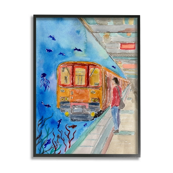 Underwater Aquarium Subway Train Landscape Painting Black Framed Art Print Wall Art