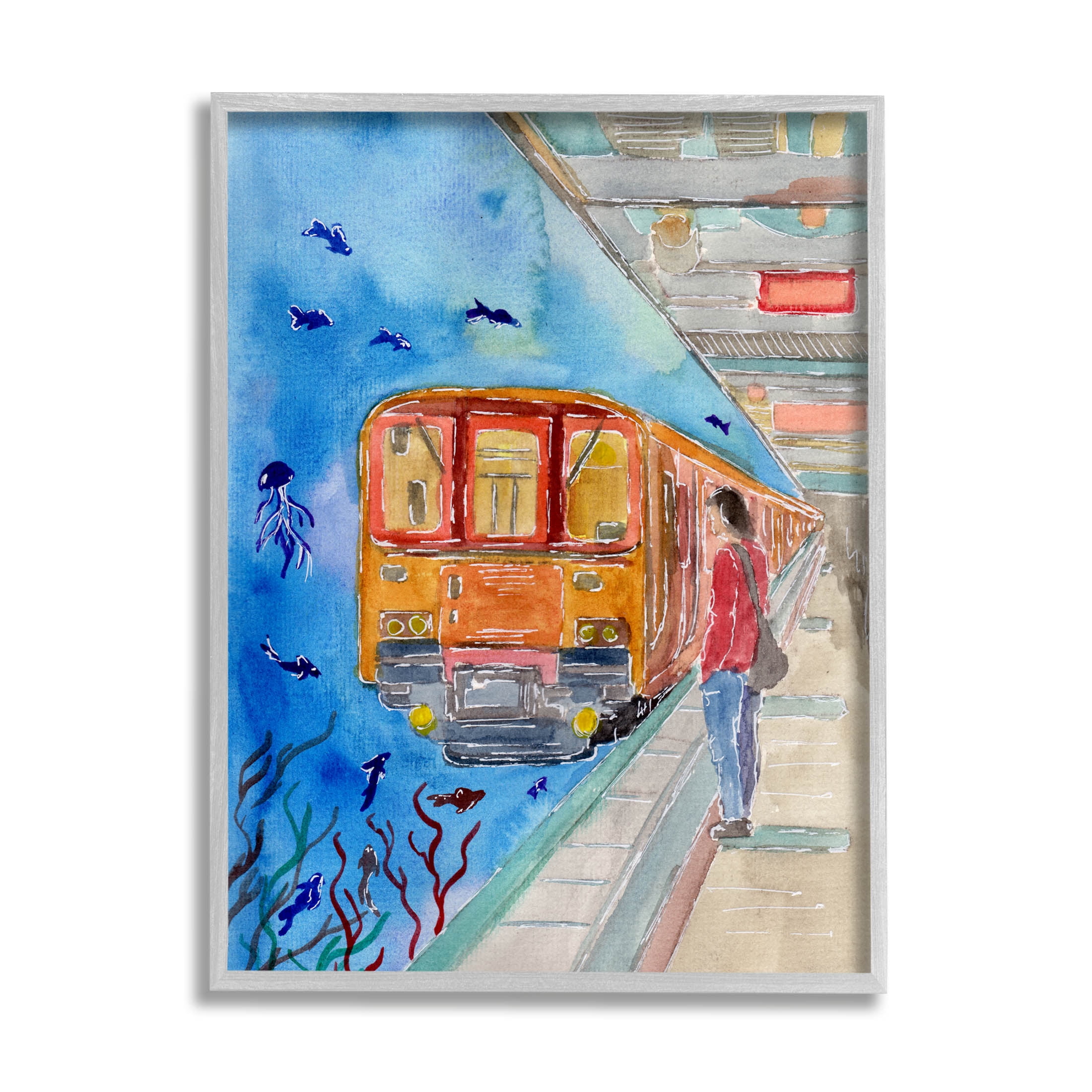 Underwater Aquarium Subway Train Landscape Painting Gray Framed Art Print Wall Art