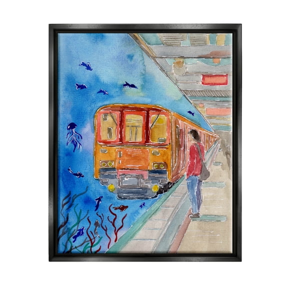 Underwater Aquarium Subway Train Landscape Painting Jet Black Framed Art Print Wall Art
