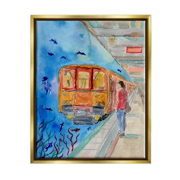 Underwater Aquarium Subway Train Landscape Painting Metallic Gold Framed Art Print Wall Art