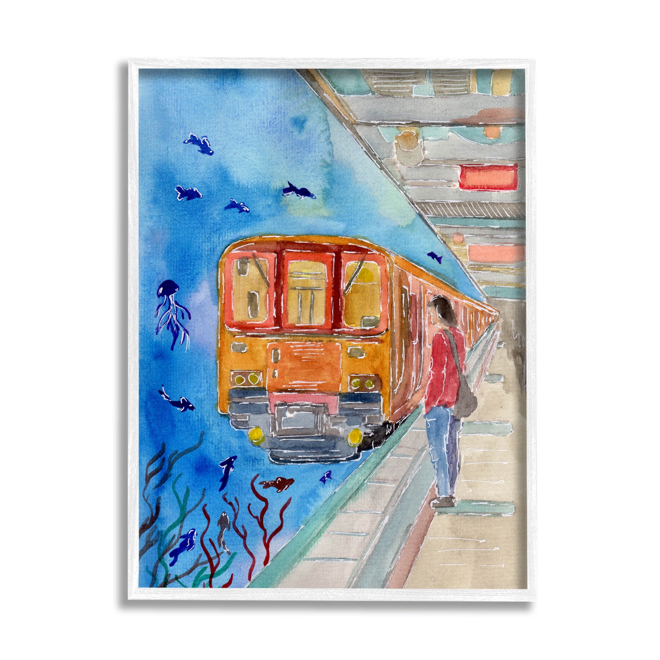Underwater Aquarium Subway Train Landscape Painting White Framed Art Print Wall Art