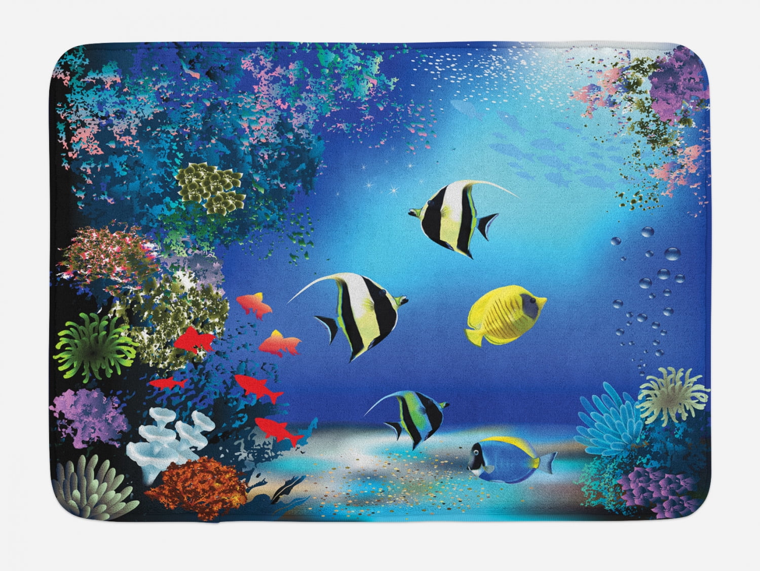 Tropical Undersea Blue Polyester Bath Mat with Non-Slip Backing