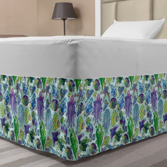 Underwater Bed Skirt, Modern Sea Life Colorful Jellyfish Seahorse Exotic Aquarium, Elastic Bedskirt Dust Ruffle Wrap Around for Bedding Decor, 4 Sizes, Purple Turquoise and Green, by Ambesonne
