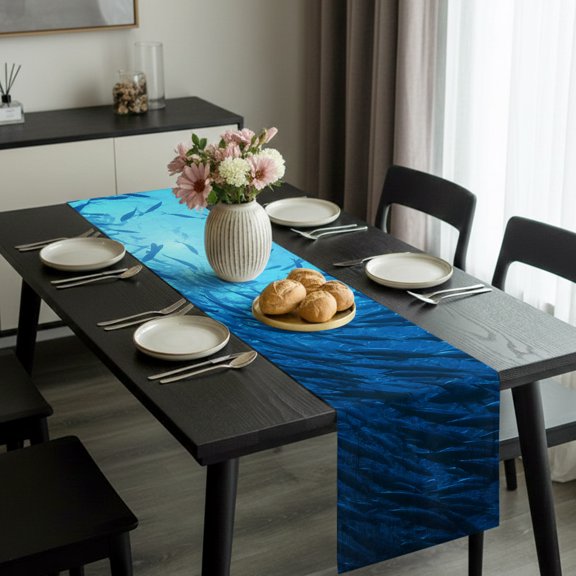 Underwater Blue School of Fish Table Runner 36 Inches Long,Kitchen Dining Tablerunners Turquoise Marine Life Linen Table Runners Dresser Scarves for Home Dinner Wedding Holiday Party Decor