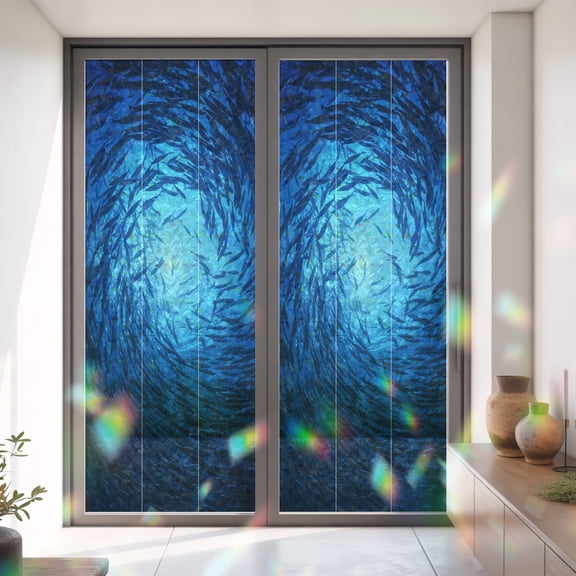 Underwater Blue School of Fish Window Privacy Film,Decorative Windows Static Cling Turquoise Marine Life Heat Control Removable Glass Sticker for Home Bathroom Bedroom Window Door,35x79in