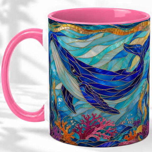 Underwater Blue Whale Accent Mug, 11oz Ceramic Coffee Cup for Ocean Lovers