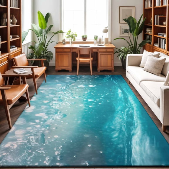 Underwater Bubbles Washable Area Rug 9 x 12 ft Dreamy Abstract Blue Deep Ocean, Soft Non Slip Rugs Stain Repellent Indoor Felt Carpet for Living Dining Room Bedroom Home Office