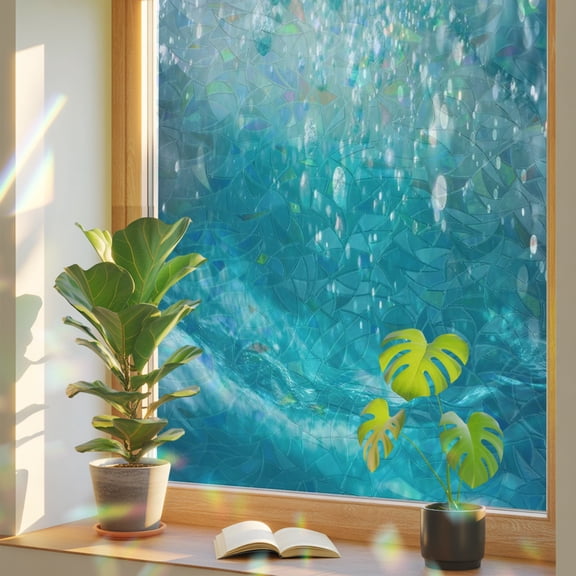 Underwater Bubbles Window Privacy Film, Dreamy Abstract Blue Deep Ocean Stained Glass Rainbow Film Decorative Window Clings, Static Cling Sun Blocking Stickers 17.7" x 39.3"