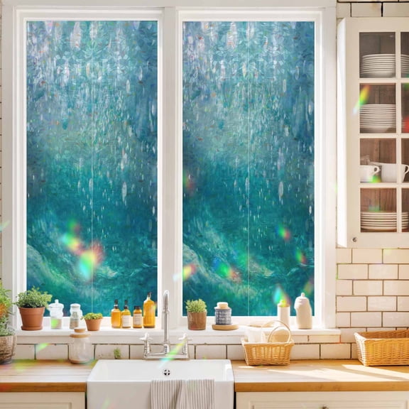 Underwater Bubbles Window Privacy Film Dreamy Abstract Blue Deep Ocean Static Cling Stained Glass Window Film Non-Adhesive Decorative Decals Rainbow Sticker 17.7"X39.3"