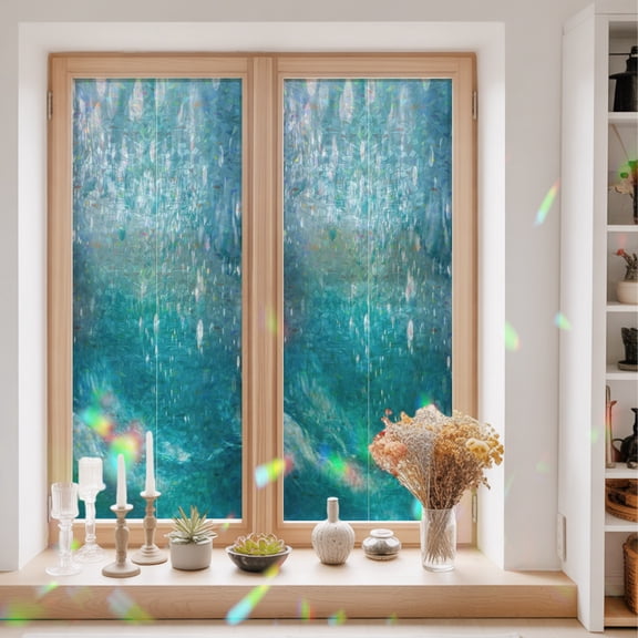 Underwater Bubbles Window Privacy Film Dreamy Abstract Blue Deep Ocean Static Cling Stained Glass Window Film Non-Adhesive Decorative Decals Rainbow Sticker 23.6"X59"